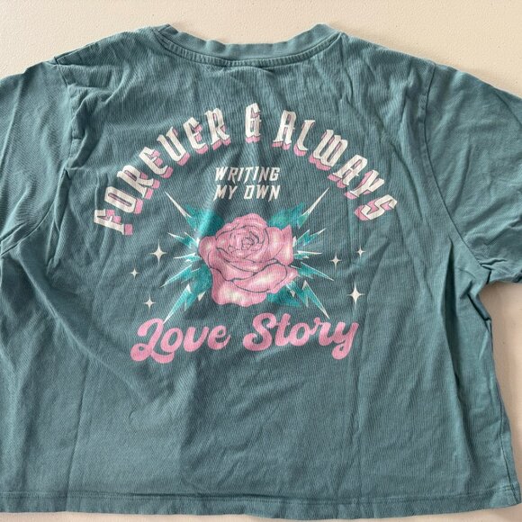 Teal Crop Tee "Forever and Always" with jewel details, Size L - Picture 2 of 3
